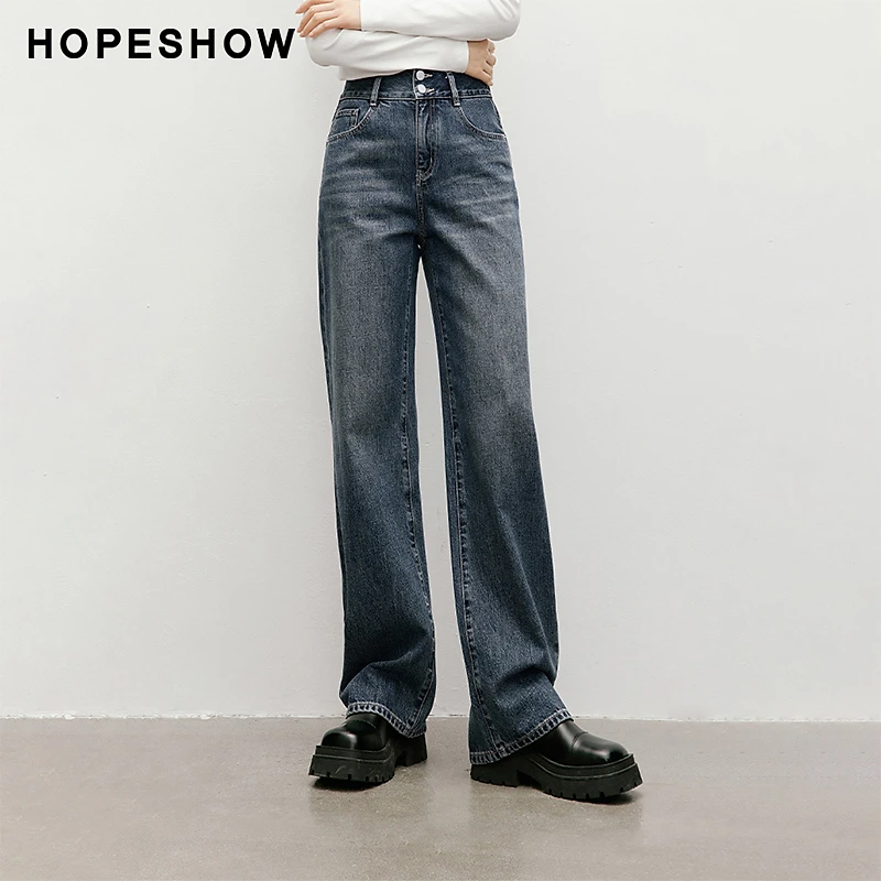 红袖秋季2024秋冬新款女装复古中腰两粒扣直筒牛仔裤90124311302