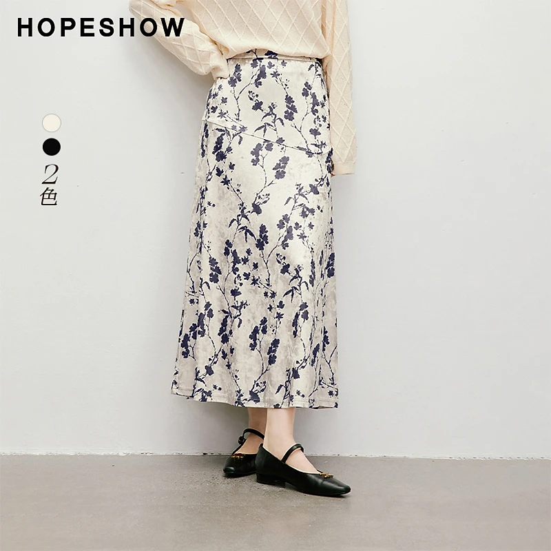 红袖秋冬半裙高腰女装【墨染画卷】宽腰侧拉半身裙90124321503裙子