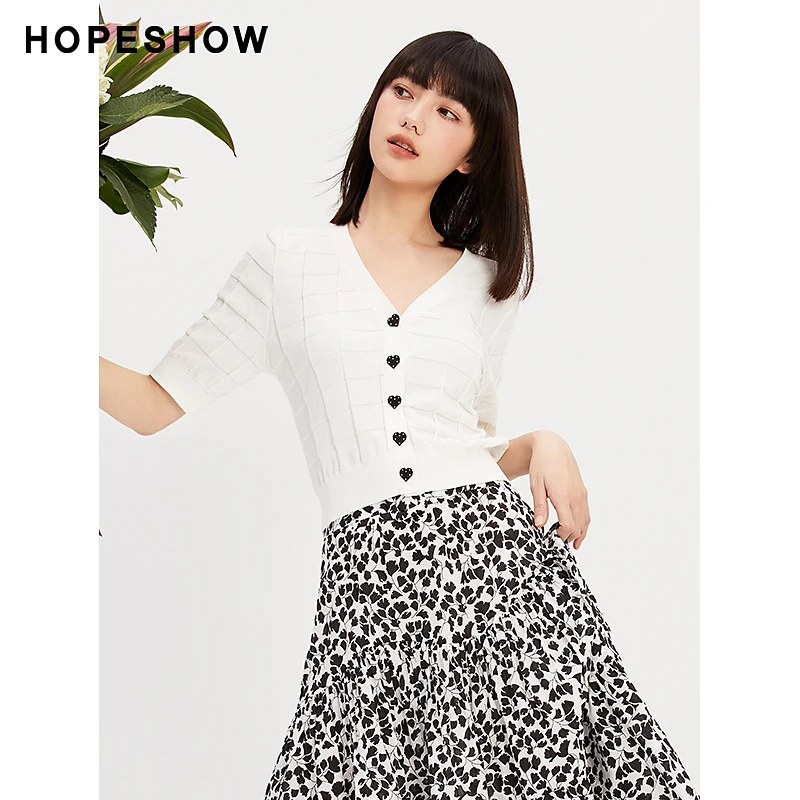 红袖夏季2023新款女装 肌理感方格单排扣V领针织开衫89123170123