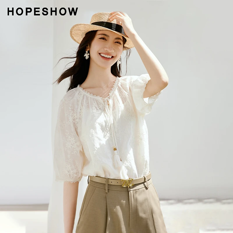 红袖夏季2025新款女装 蕾丝花边圆领套头套装短上衣90124152002