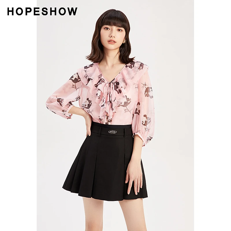 红袖印花双层荷叶边V领套头上衣89123182004