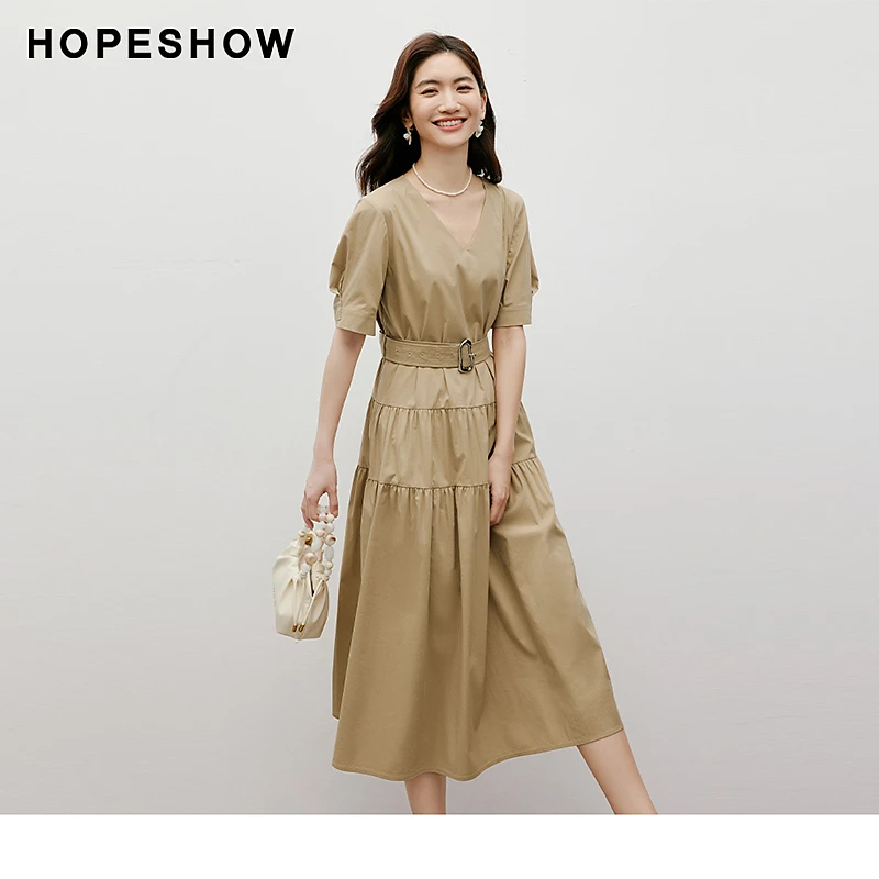 红袖夏季2024休闲新款女装纯色收腰V领套头连衣裙90124181608