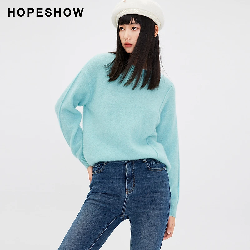 红袖冬季新款女装 欧若风纯色落肩圆领套头针织衫89123380110长袖