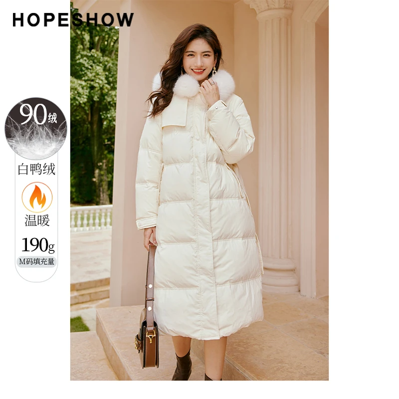 红袖冬季新款长款女装 狐狸大毛领连帽系带H型羽绒服90221440905