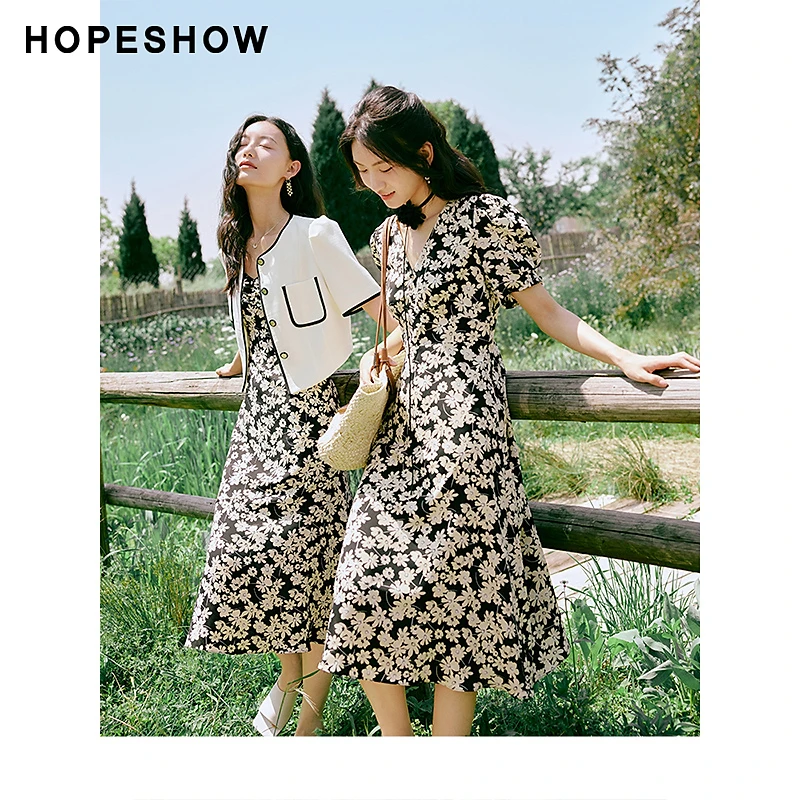 《李易行》红袖印花泡泡袖正肩V领连衣裙90123131603