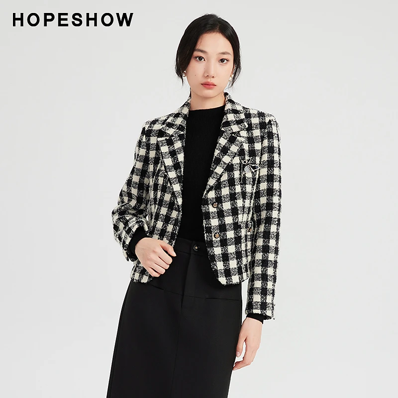 红袖冬季2023新款女装 香风格纹收腰单排扣西装领外套89223380411