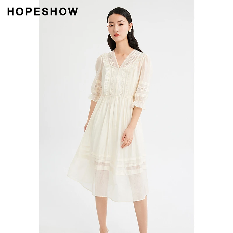 红袖蕾丝拼接木耳边V领套头夏季气质连衣裙89223181623