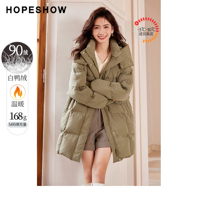 红袖冬季温暖新款女装抽绳罗纹浮雕插肩连帽羽绒服90122360902