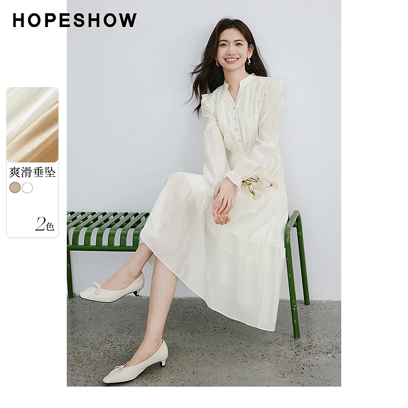 红袖中式新款女装泡泡袖收腰V领套头连衣裙90124061604