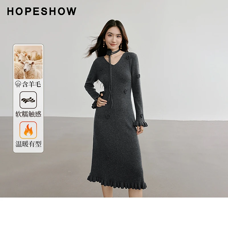 红袖冬季新款女装立体钩花收腰V领针织连衣裙90224341601长袖时尚