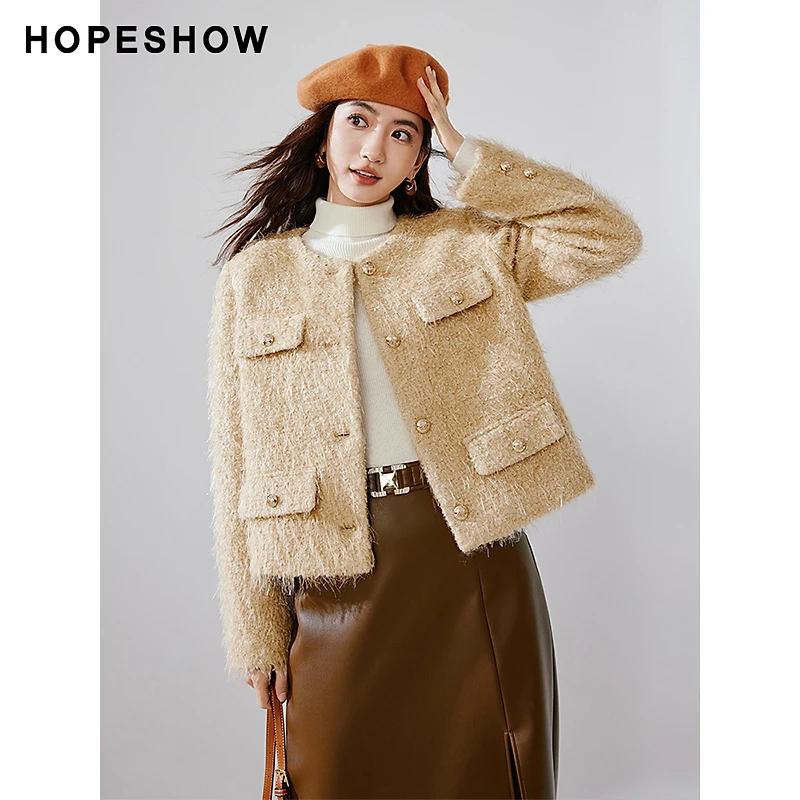 【籽言专属】红袖正肩单排扣圆领长毛呢外套90123380402