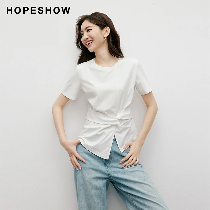 红袖2025夏季新款女装百搭立体扭结圆领白色套头T恤90124180203