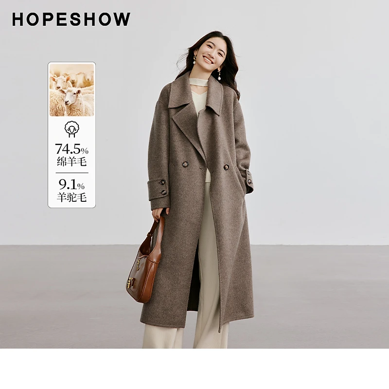 红袖冬季2024新款女装 系带落肩双排扣大翻领双面呢90124340824