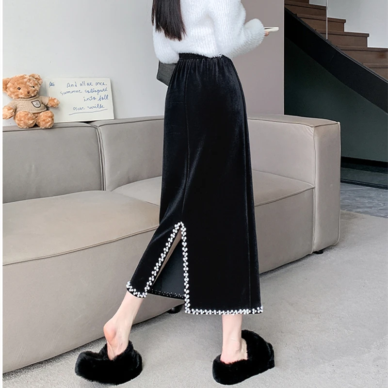 丝绒钉珠半身裙女秋冬加绒高腰显瘦后开叉一步裙复古中长款包臀裙