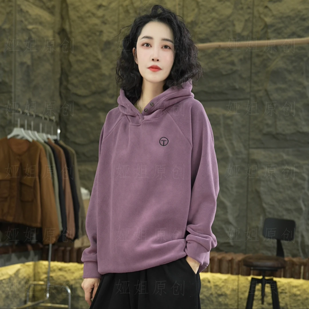 WY98 秋冬新款加绒加厚纯色连帽卫衣女宽松休闲显瘦保暖简约帽衫