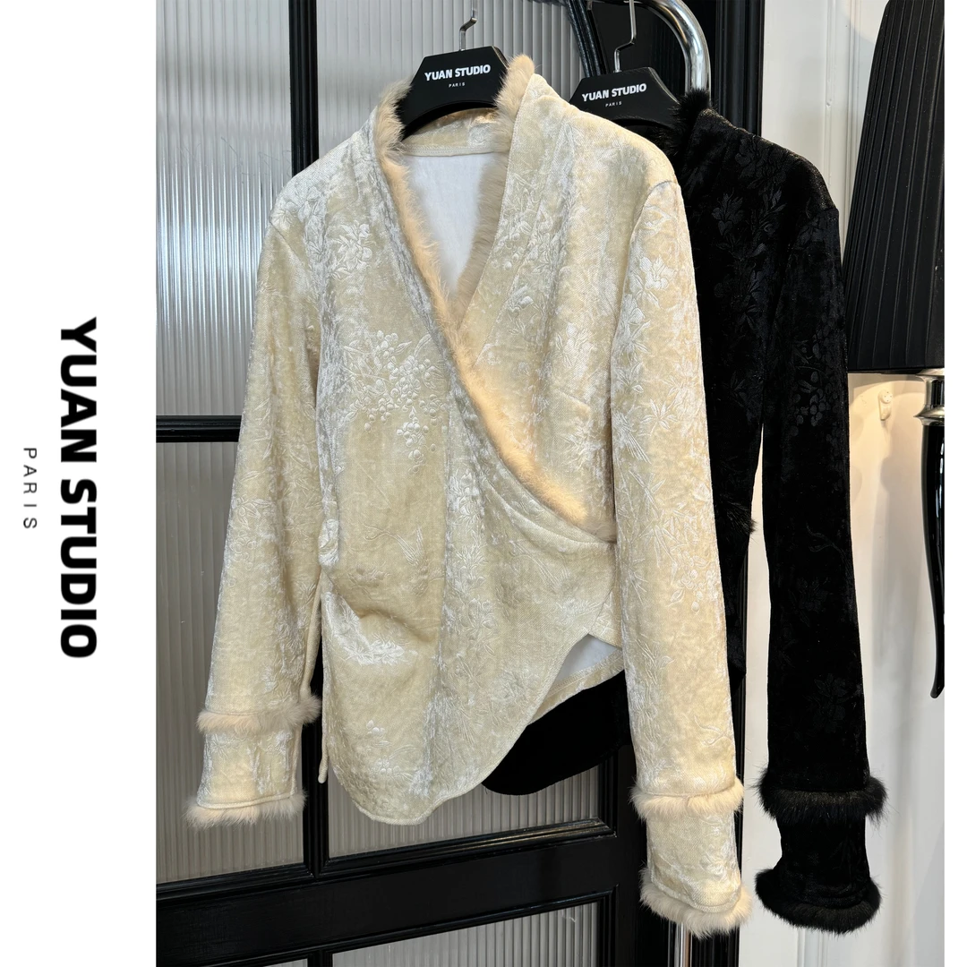 YUAN【花鸟和诗】真兔毛拼接丝绒浮雕花卉气质设计感新中式保暖上衣