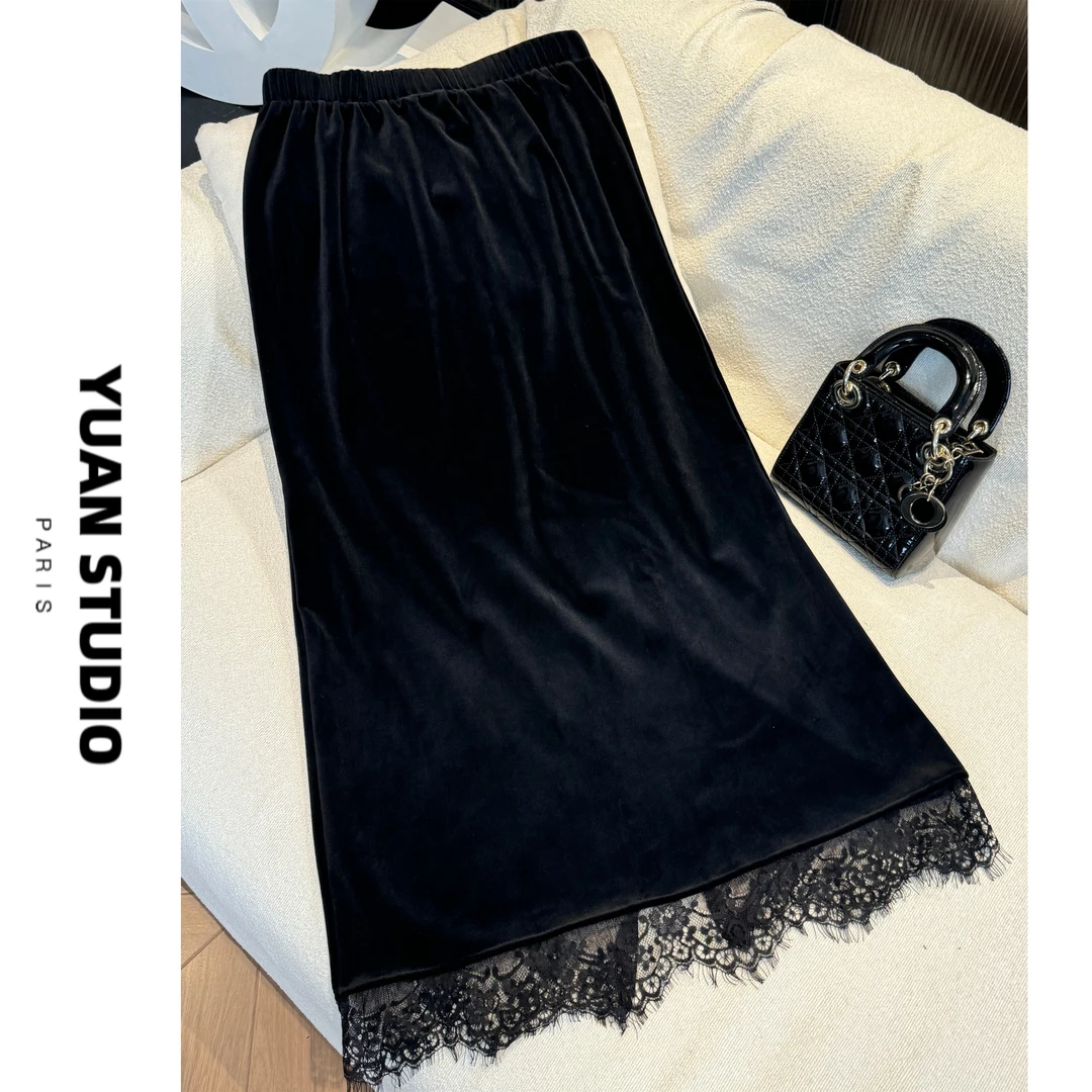 YUAN 【漫步巴黎】秋冬加绒加厚蕾丝裙摆巨显瘦气质丝绒百搭半身裙