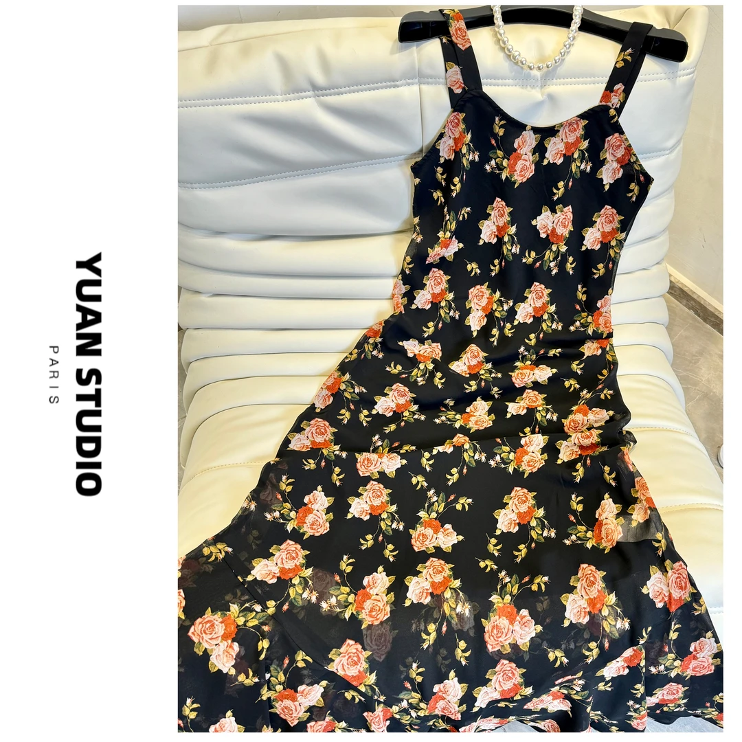 YUAN 【夏花】夏季高品质复古鱼尾摆名媛风春夏吊带连衣裙