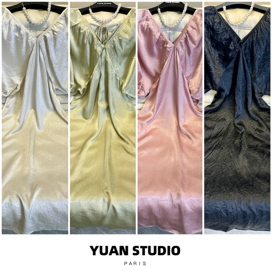 YUAN 【粉黛】法式复古满分醋酸皱气质V领泡泡袖名媛风夏季连衣裙