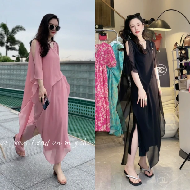 【邂逅巴黎】设计感飘逸假两件拼接遮肉显瘦气质连衣裙