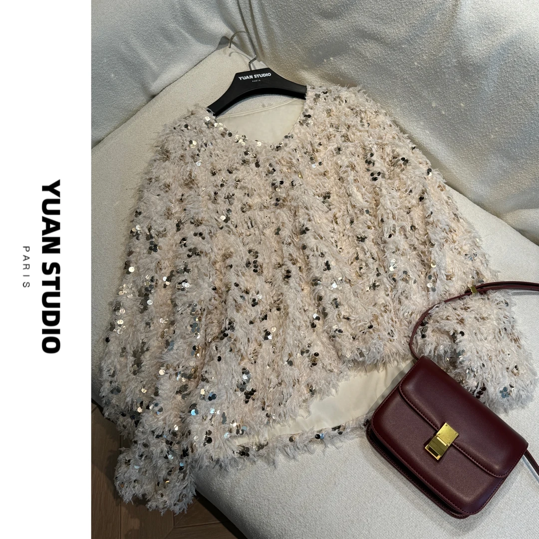 YUAN【鎏光闪烁】高定秋冬松弛感羽毛亮片宽松百搭V领套头上衣