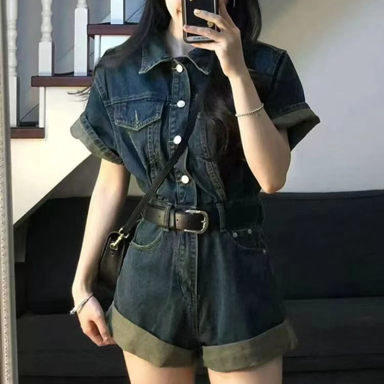 美式复古牛仔连体裤女夏新款设计感收腰显瘦时尚休闲一体短裤套装