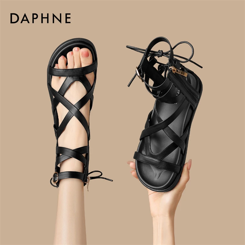 达芙妮绑带罗马凉鞋女夏季2025年新款时尚休闲松糕鞋高帮网红凉鞋