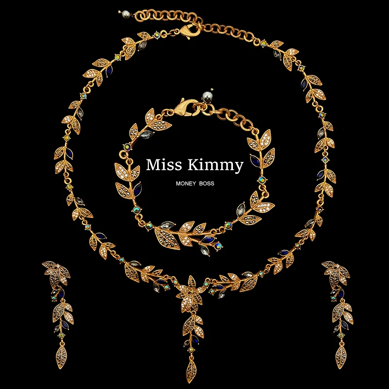铜合金合成锆石项链 MissKimmy[金枝玉叶]优雅叶子流苏项链三件套