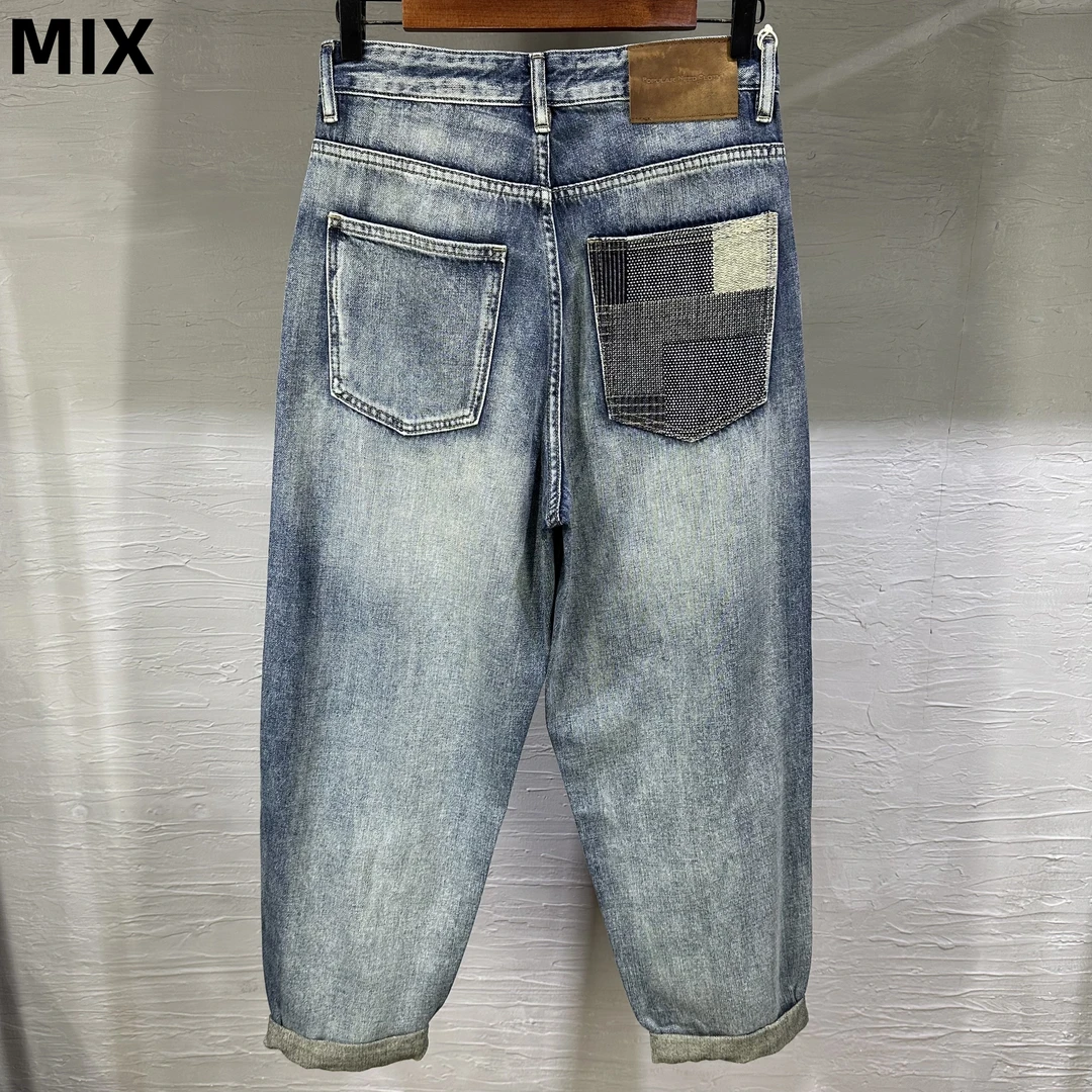 秋季撞色口袋水洗潮流牛仔裤无弹痞帅裤子（宽松阔腿）0726