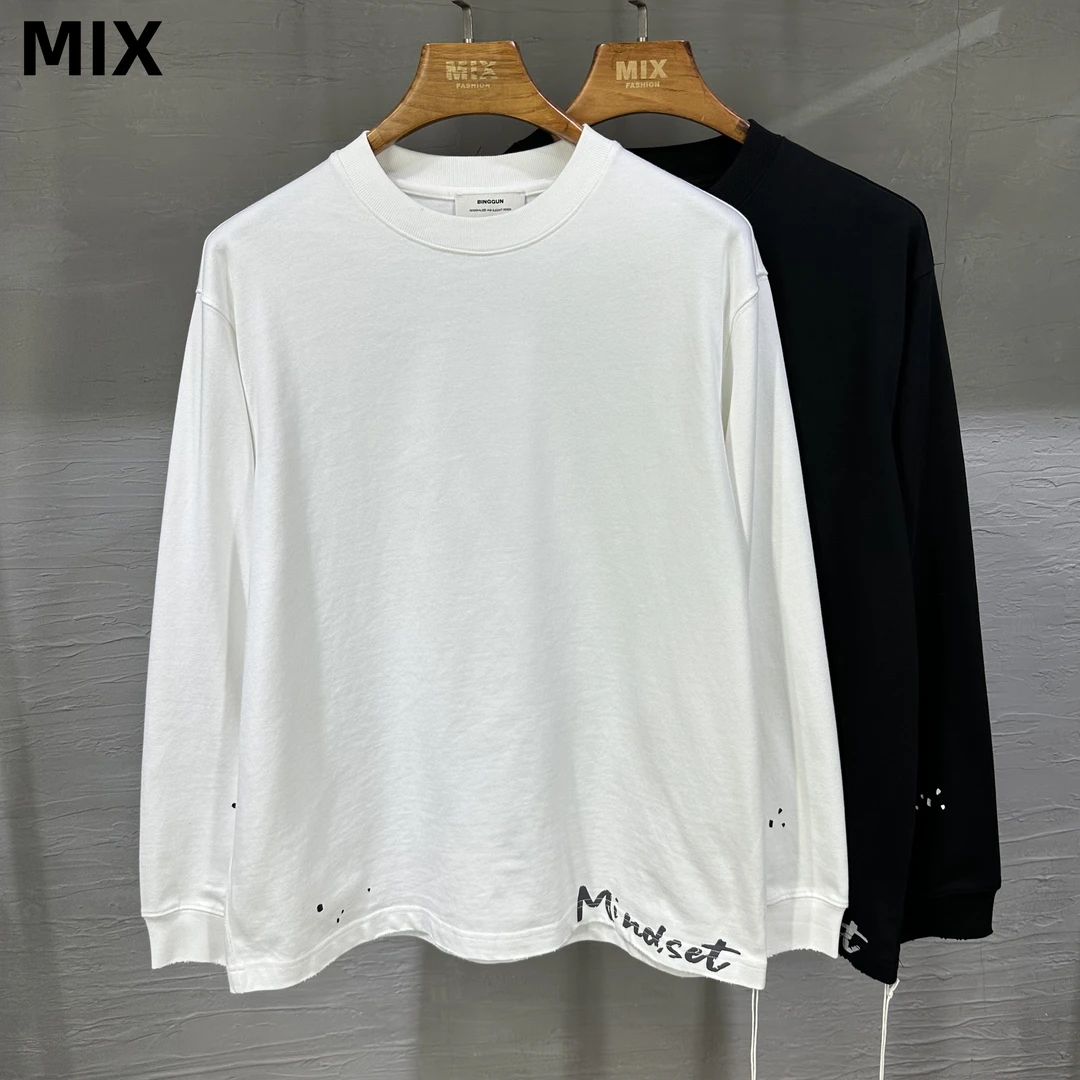 涂鸦字母潮流磨边打底长袖T恤宽松时尚百搭男士秋季卫衣3009