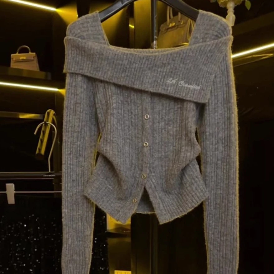 欧货方领一字肩针织衫女秋季2024新款时尚修身显瘦打底衫长袖上衣