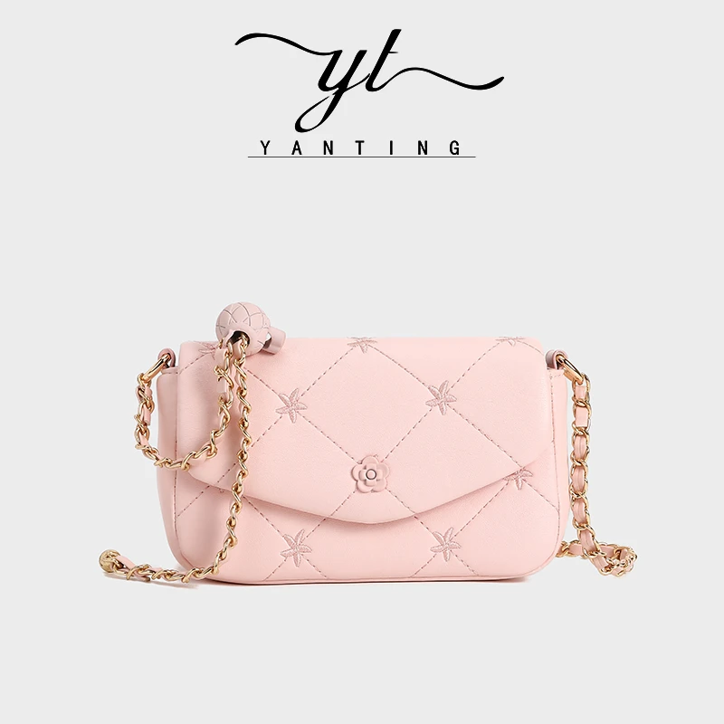 FUY2024新款小香风菱格时尚山茶花链条小方包斜挎包