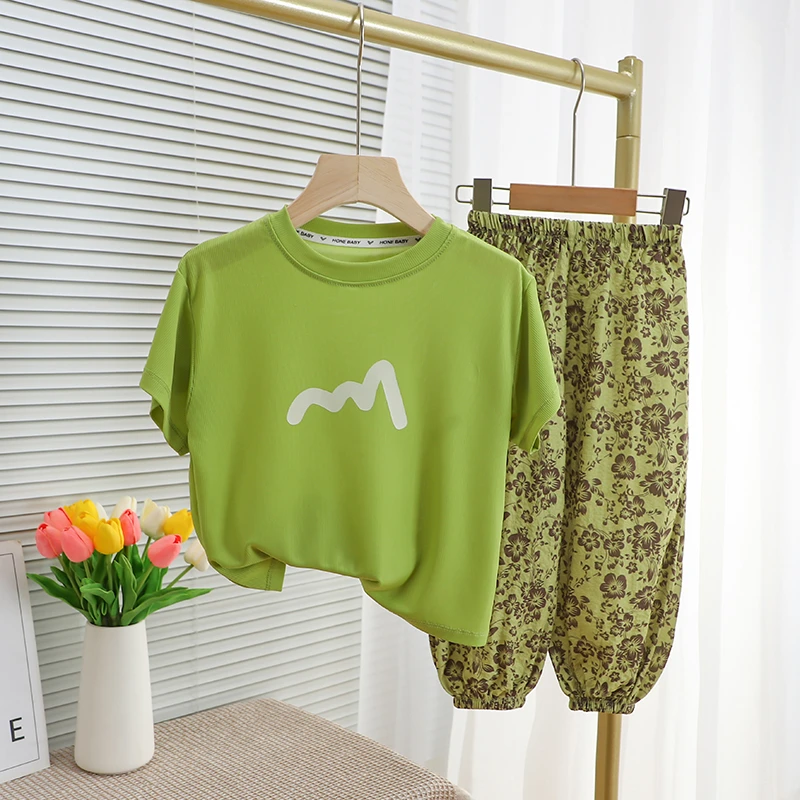 儿童潮牌童装男童夏装休闲运动薄款女童衣服洋气时尚短袖防蚊裤T