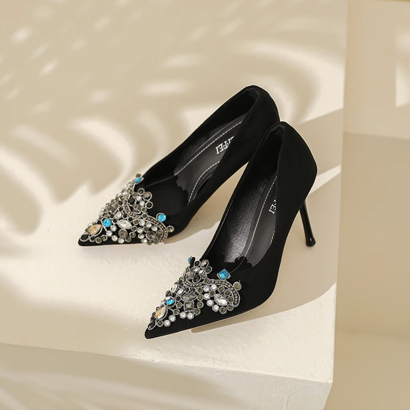 sufeifei/苏妃妃107法式设计小众尖头细跟黑色伴娘礼服宴会鞋