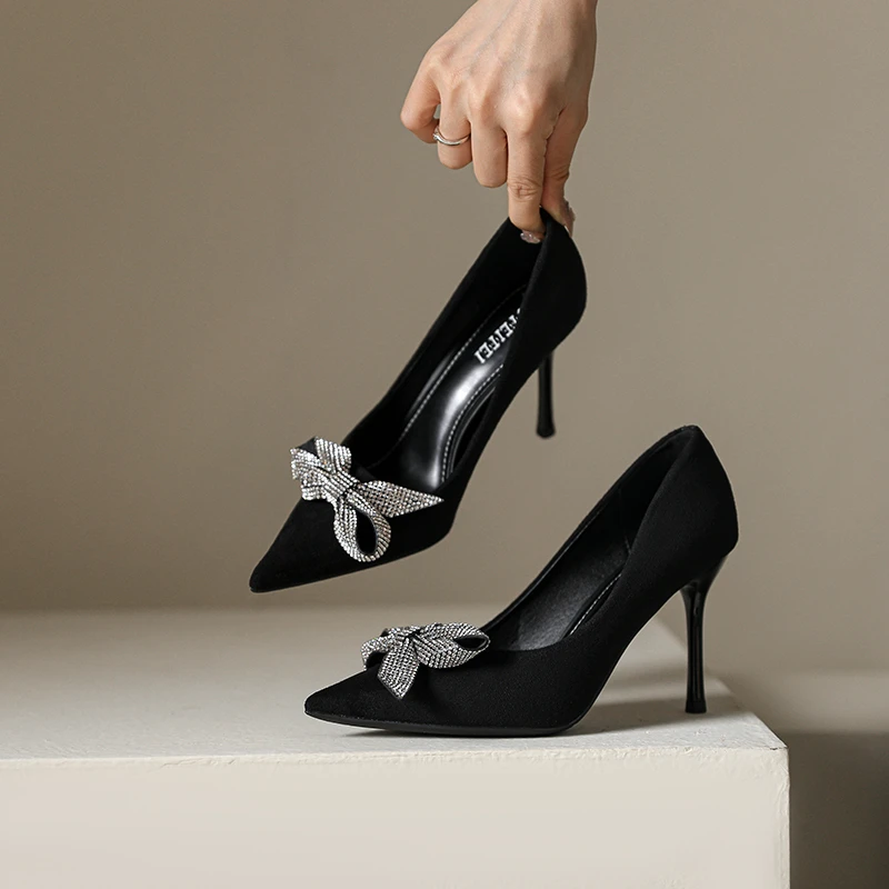sufeifei/苏妃妃78气质水钻高跟鞋女夏黑色职业蝴蝶结细跟