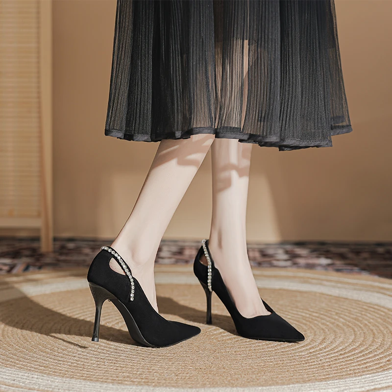 sufeifei/苏妃妃【法式气质】浅口高跟鞋细跟水钻绒面宴会鞋黑色-71