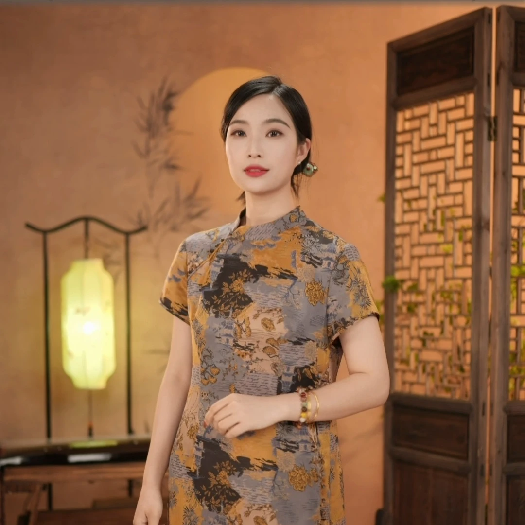 【东方婵韵】国风红云纱亭台楼阁时尚旗袍连衣裙 DFCY24011