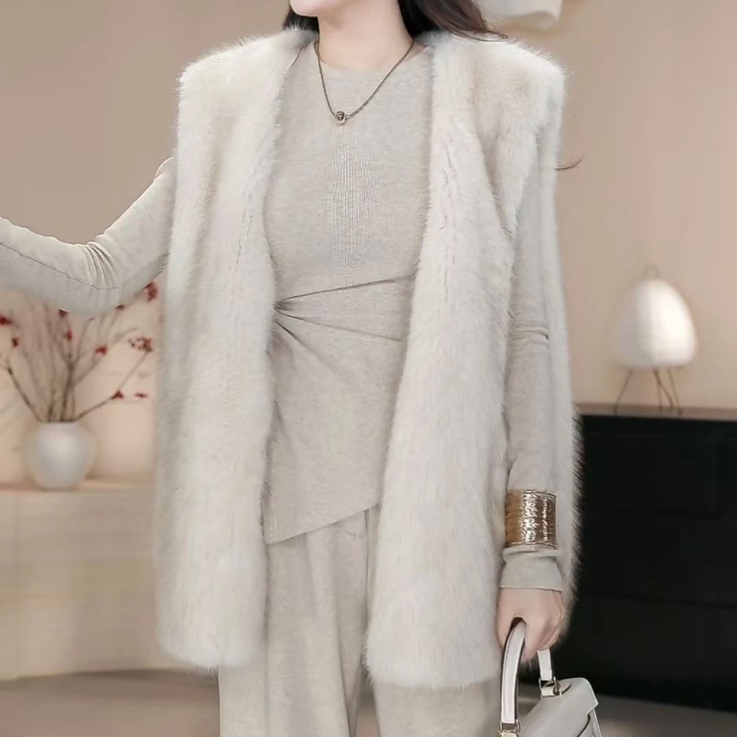 2024秋冬新款百搭毛毛马甲外套宽松仿皮草中长款时尚高级气质上衣