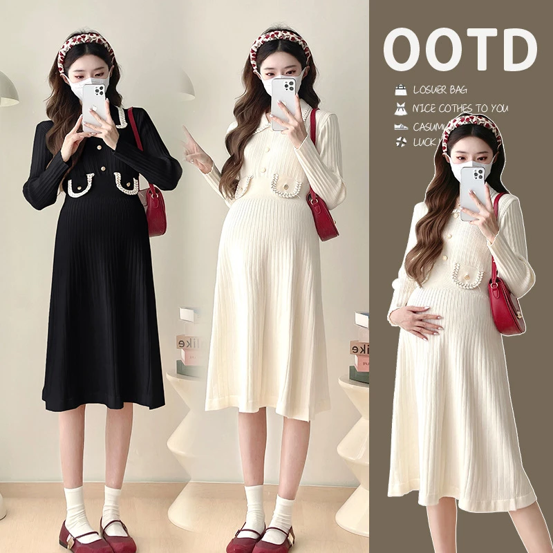 实拍 现货2024孕妇小香风翻领显瘦针织哺乳连衣裙