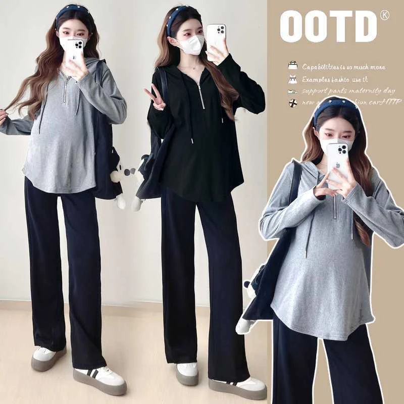 2024新款孕妇秋冬时尚休闲百搭拉链宽松长袖孕妇装上衣卫衣女