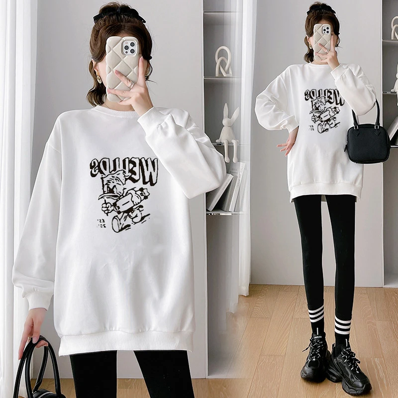 孕妇装秋冬装外穿卫衣女2024大码宽松卡通印花圆领洋气卫衣女潮妈