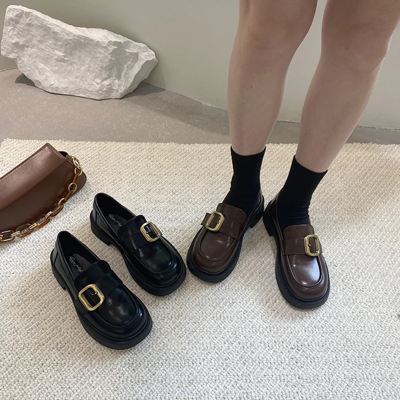 英伦学院小皮鞋女jk秋冬圆头学生中跟单鞋日系黑色加绒厚底乐福鞋