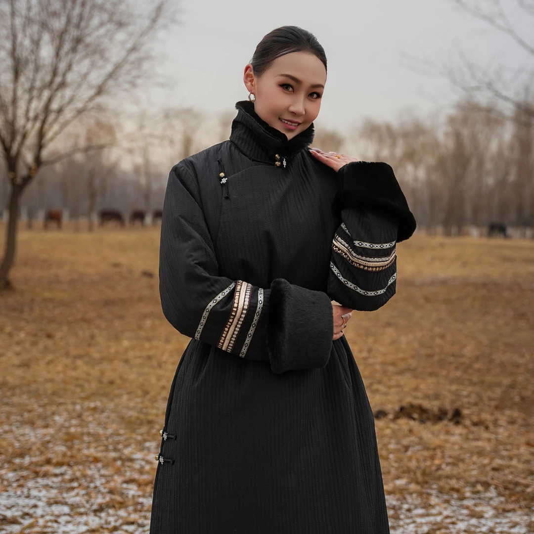 KA-05 原创秋冬翻领立领两穿拼接民族风棉服长款女士外套