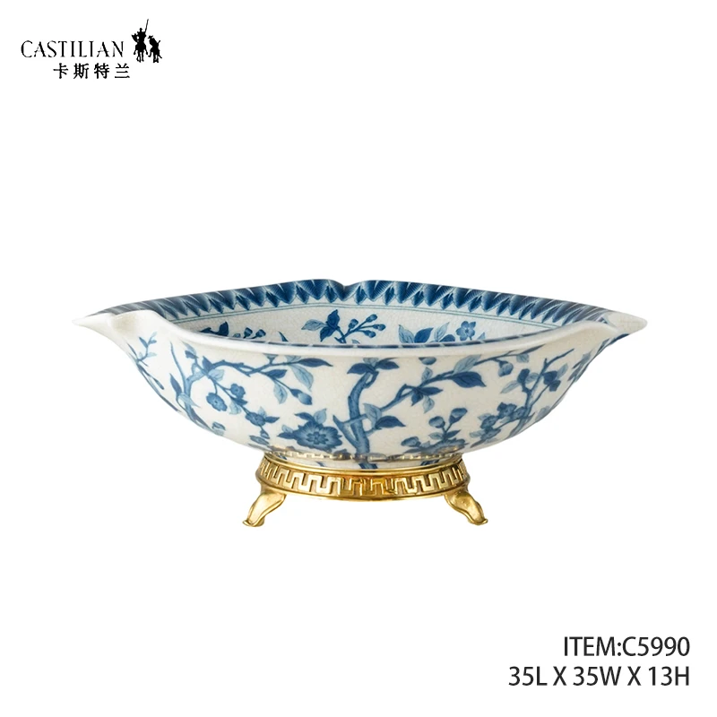 castilian/卡斯特兰青花中式风格手绘青花陶瓷配铜提壶罐茶室摆件