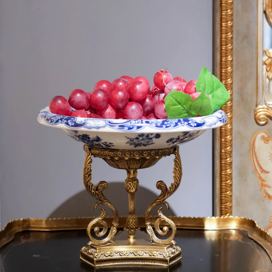 castilian/卡斯特兰青花铜配陶瓷高脚果盘茶室客厅C1235