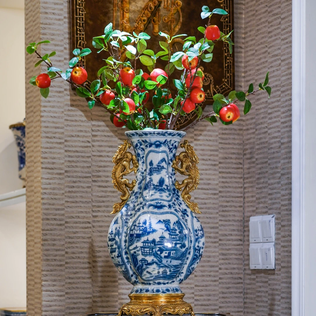 DR-卡斯特兰双耳系列青花花器铜配高温冰裂纹瓷花器陶花瓶C6060