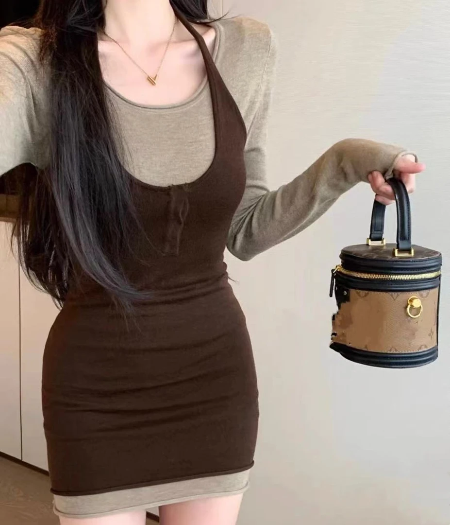 [胖鹅张] 辣妹假两件撞色挂脖连衣裙#677 [实物以直播间展示为准]