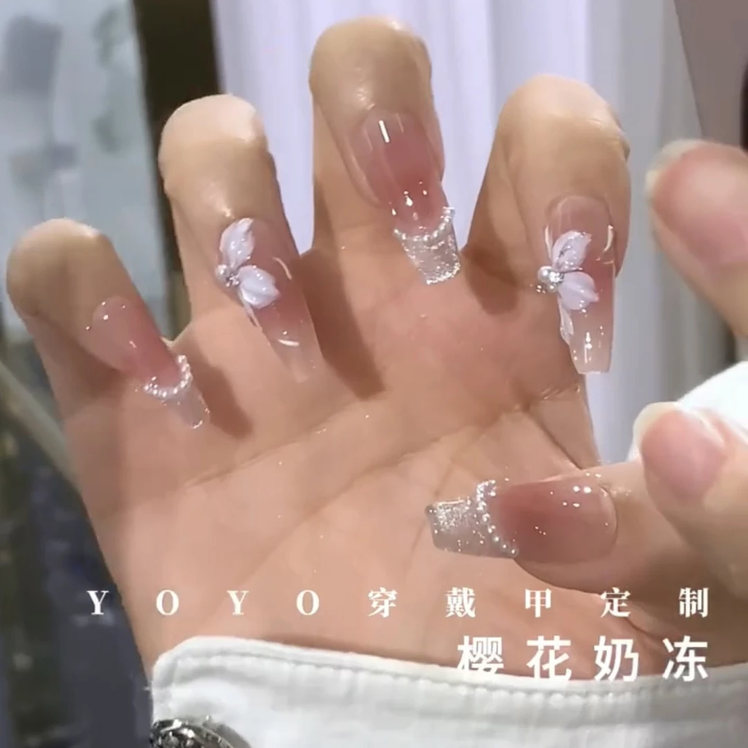 【樱花奶冻】纯手工制作手绘樱花珍珠腮红清新甜美可拆卸穿戴甲