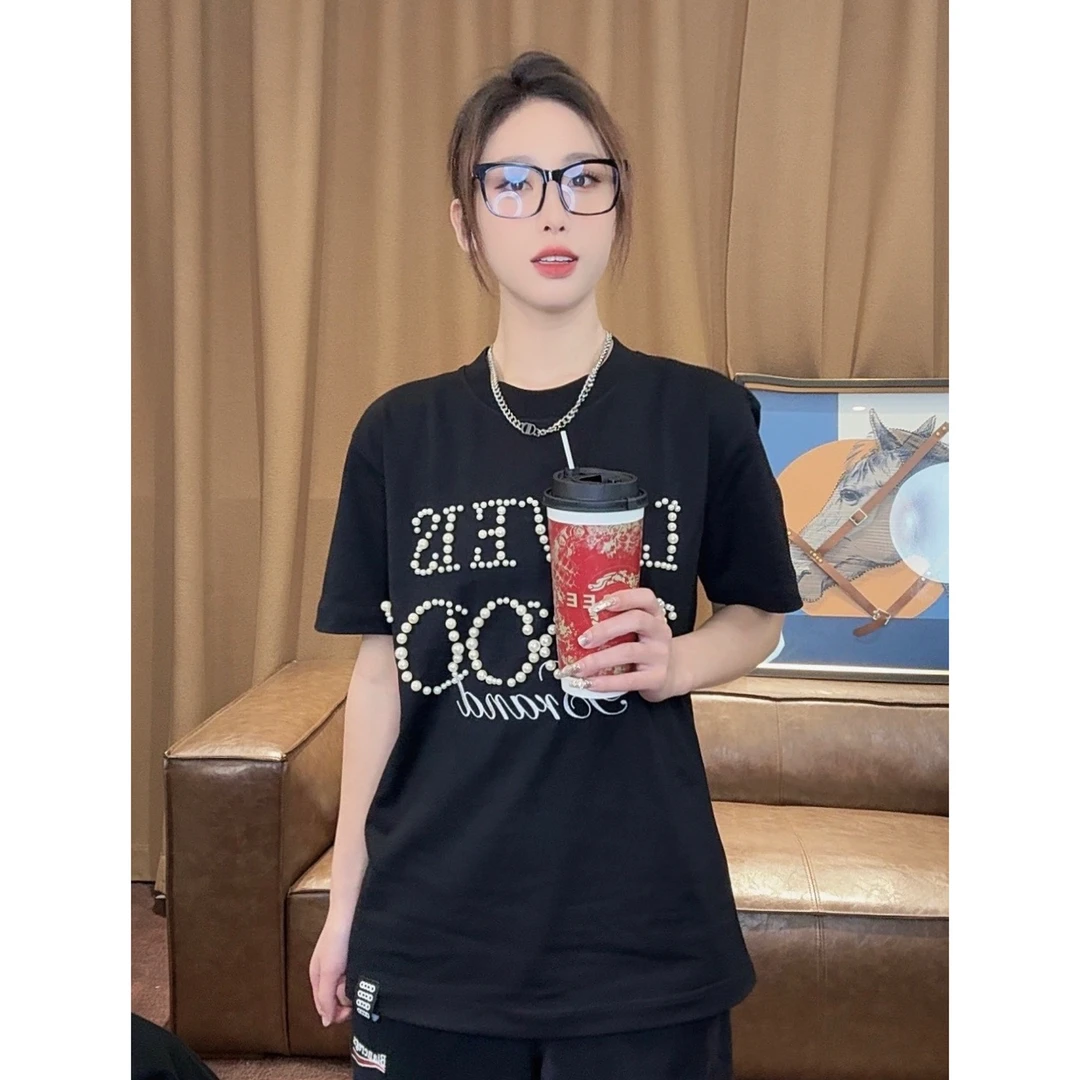 【西西】2025早秋新款立体珍珠短袖百搭男士气质休闲圆领半袖