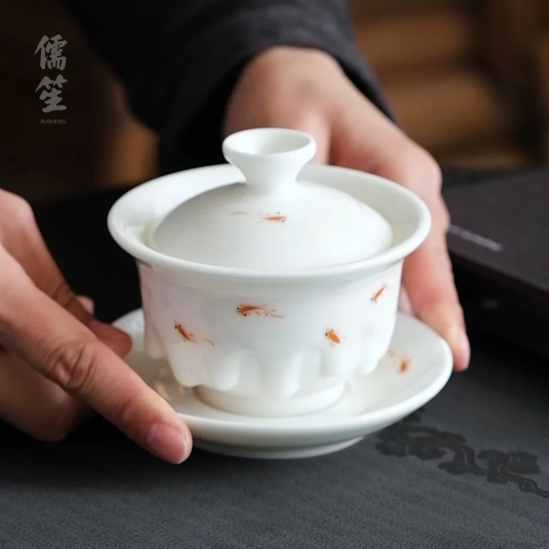 儒笙手绘羊脂玉三才盖碗陶瓷中式高档泡茶个人专用茶壶茶具徐福坤